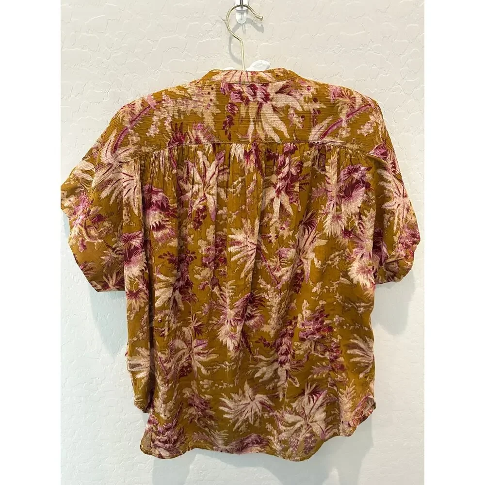 ANTHROPOLOGIE | Pilcro Gold Floral Cotton Boho Short Sleeve Blouse Top | XS